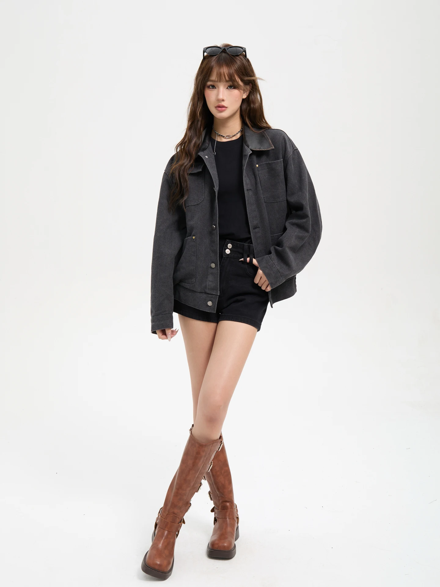 เสื้อแจ็คเก็ตหนัง PU สไตล์เรโทรอเมริกัน 7KEEWEN ทรงหลวม คอปกแบบเว้า  สำหรับคู่รัก  กันลม  แขนยาว