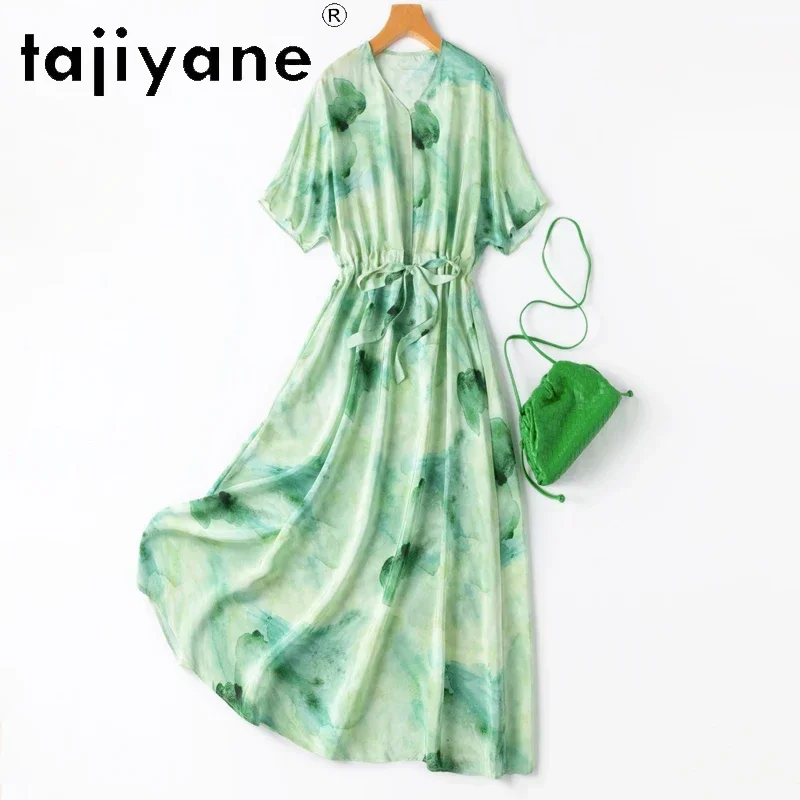 TAJIYANE 100% Mulberry Silk Dress Luxury Party Long Dresses Women Clothing 2024 Summer Elegant Frocks for Women Vestido Verde