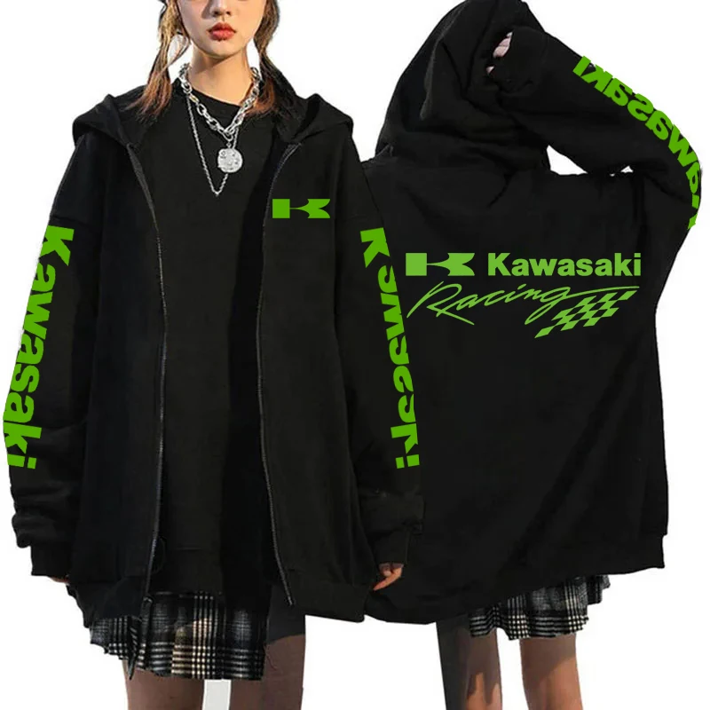 Kawasaki motosiklet logosu erkekler fermuar Hoodie 2024 İlkbahar sonbahar Y2K moda erkek kazak 2024 yeni spor kadın ceket mont