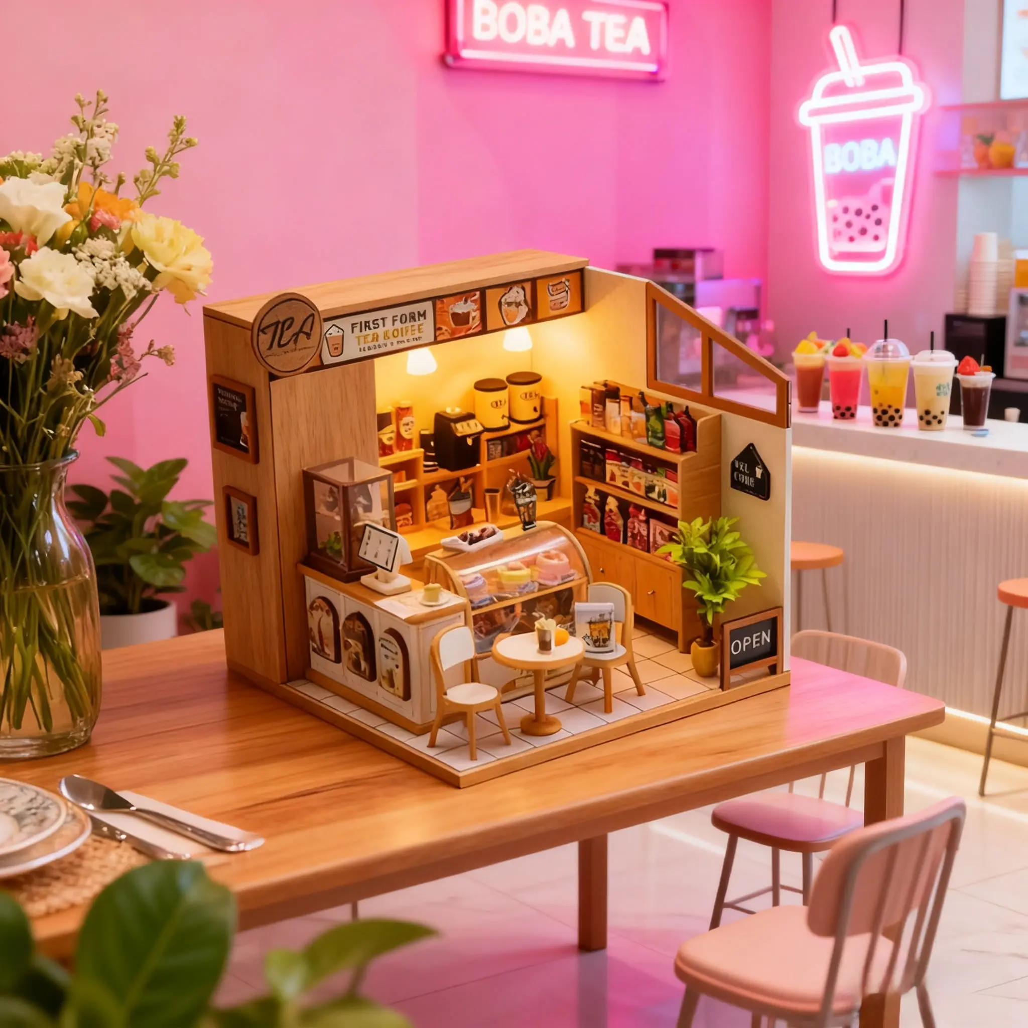 브랜드 뉴 오리지널 NFC 우든 DIY 티 하우스 돌하우스 키트 - 수제 조립 미니 모델 하우스, 창의적인 데스크탑 장식