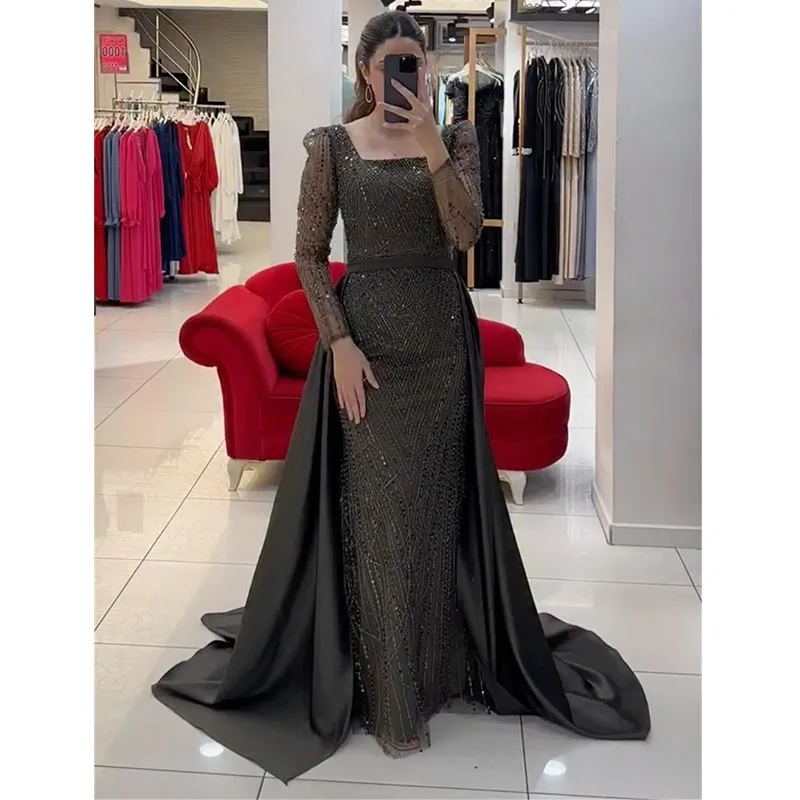 Manmuxi maßgeschneidertes olivfarbenes Meerjungfrau-Abschlussballkleid mit Perlen, Vestidos de Noche, bodenlanger formeller Abend