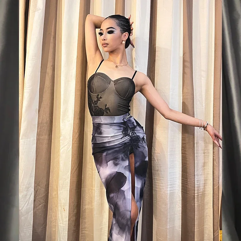 

Latin Dance Costume Women Ink and wash Print Tops Skirt Summer Latin Practice Wear Cha Cha Rumba Salsa Performance Dress