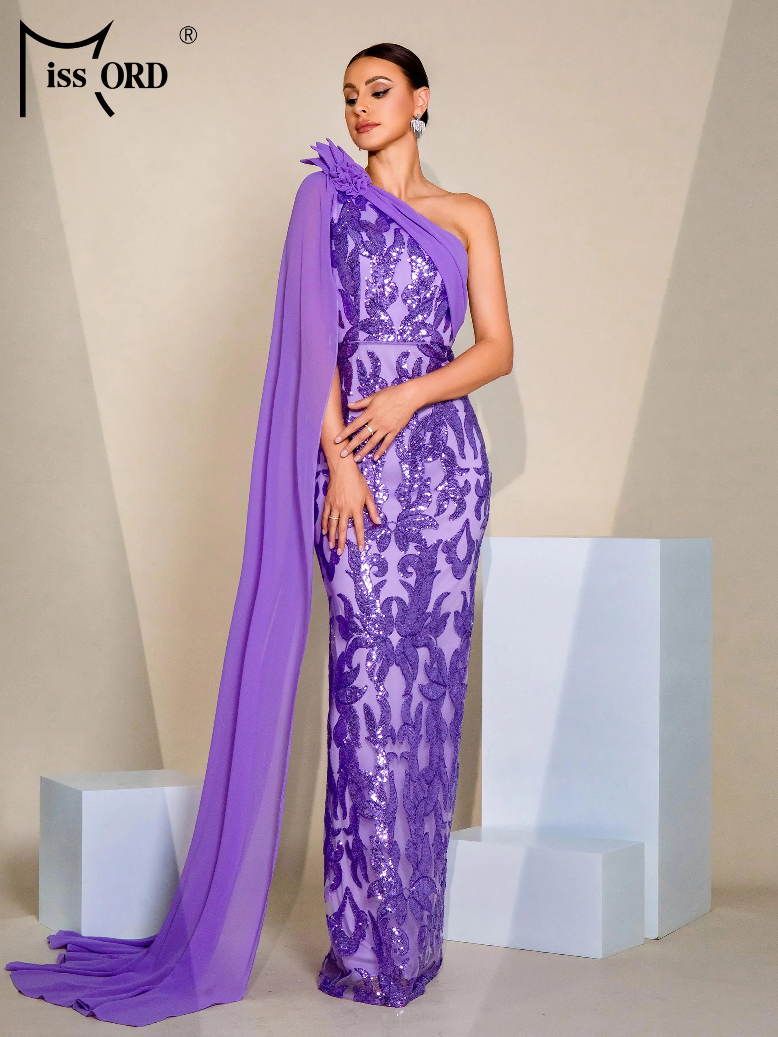 

Missord New One Shoulder Purple Sequin Mermaid Evening Gown Wedding Birthday Party Maxi Elegant Beautiful Women's Chic Dress