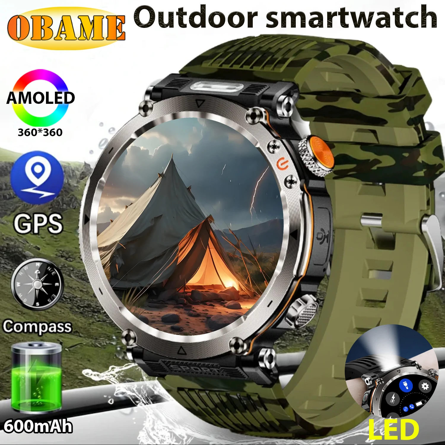 Military Smartwatch Men With LED Flashlight 1.7 inch 3ATM Waterproof Fitness Watch 600 mAh Battery Talking Smartwatch 2025New