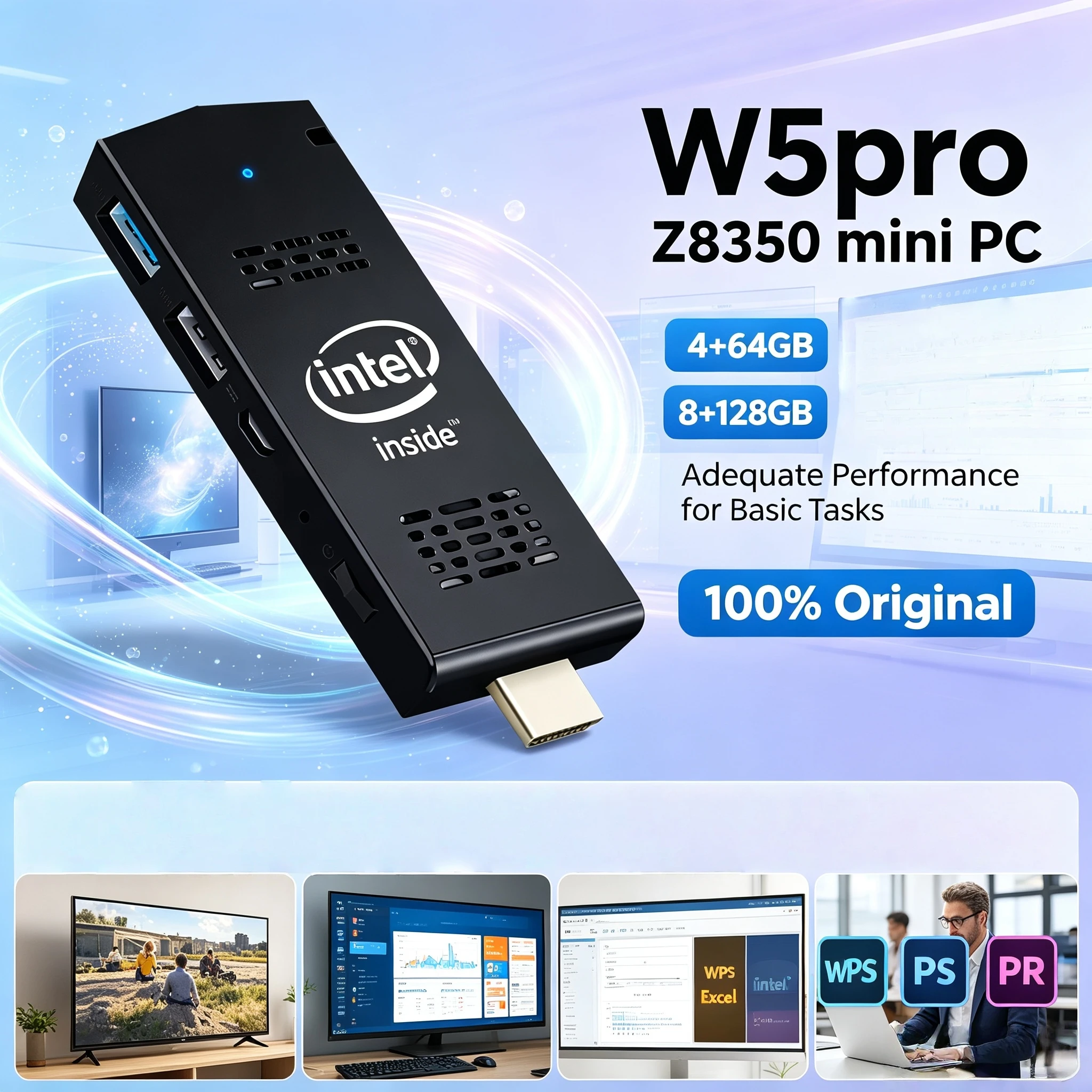 Intel W5 Pro Z8350 Mini PC Stick 4GB 8GB 64GB 128GB EMMC WiFi5 BT40 Ultralight Sleek Portable Computer For HDMI Display Pro