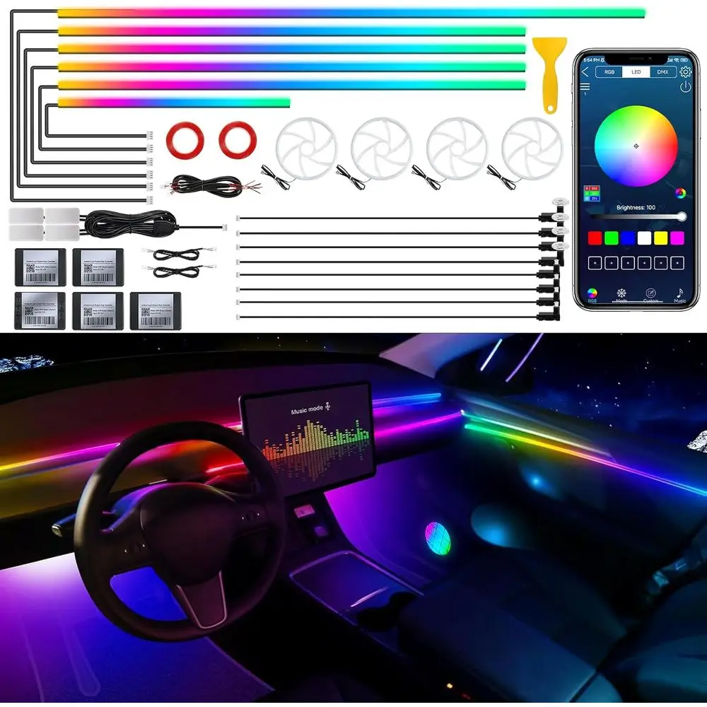 

Светодиодная лента Dreamcolor для интерьера автомобиля с беспроводным управлением через приложение, RGB 22-в-1, 175 дюймов, 600 светодиодов, оптоволоконное окружающее освещение