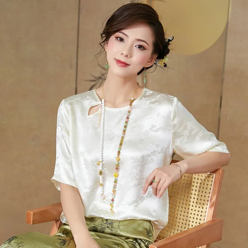 

Silk Brocade ort Sve irt Women's Summer High Design Emed National Sle Floral Patterned irt 22 Momme Silk