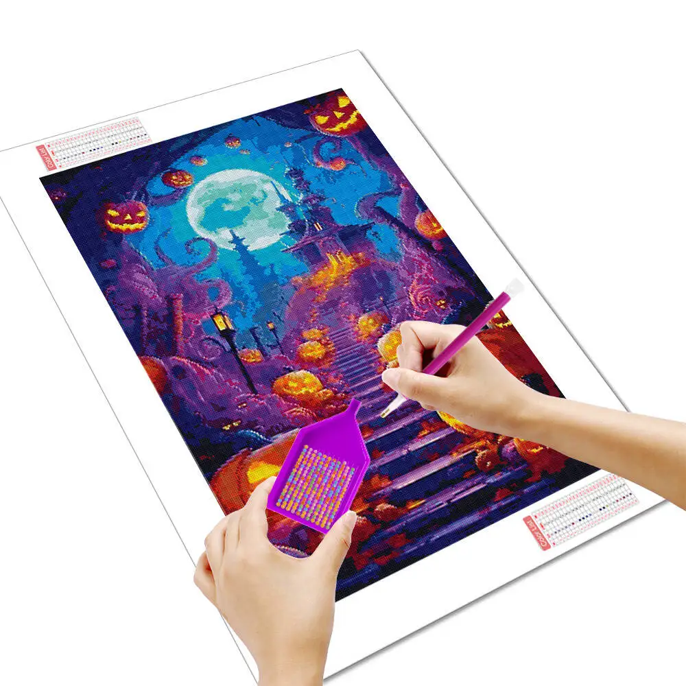 HUACAN Halloween Diamond Mosaic Full Square Round Pumpkin Steps Diamond Painting Complete Kit Home Decor
