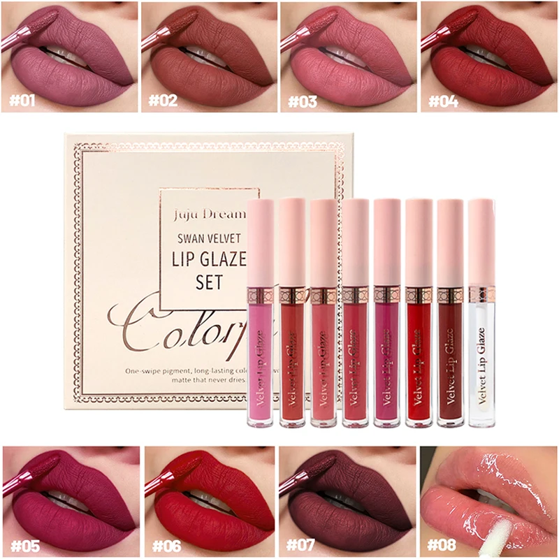 Juego de lápiz labial líquido mate, 7 colores, brillo de labios duradero e resistente al agua, esmalte de labios de taza antiadherente, tinte de labios mate de terciopelo
