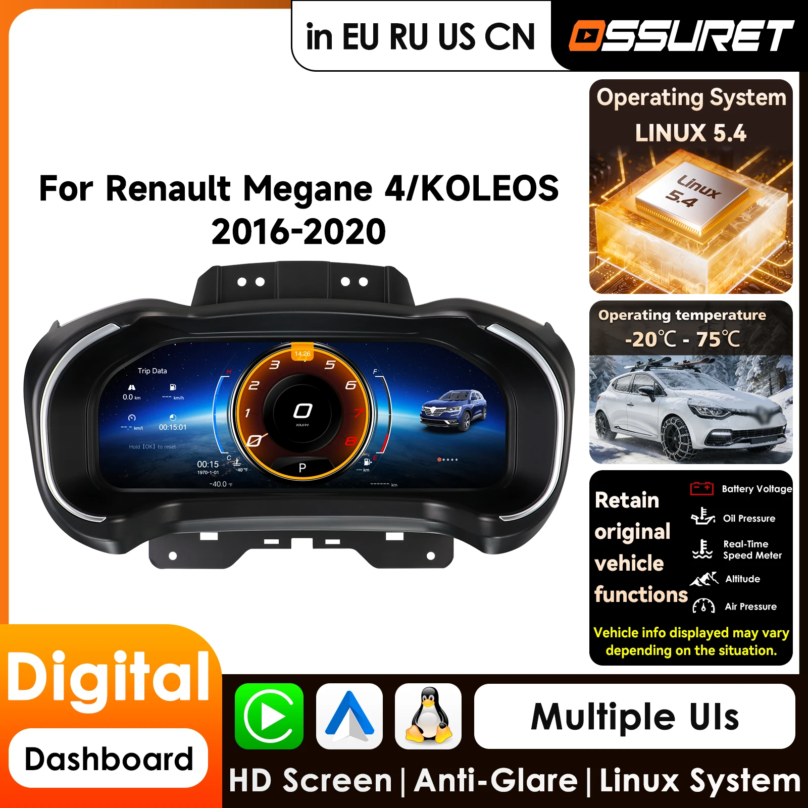 

Auto Lcd Dashboard Panel For Renault KOLEOS 2016-2019 12.3'' Digital Cluster Instrument Display Snelheidsmeter