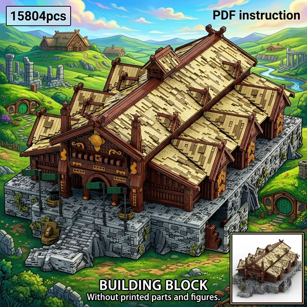 

Модель-конструктор MOC «Золотая Зала» из фильма «Властелины колец»: Средневековая деревянная крепость на каменном основании, совместимая с 251615