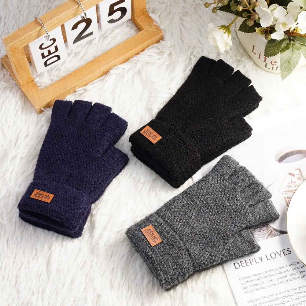 1 Pair Wool Fingerless Gloves Thermal Mens Knitted In Gloves Warm Mittens Keep Winter Finger Riding Half Fingerless I0d1