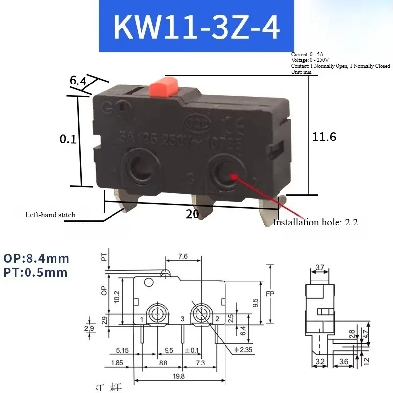 10PCS KW11 Micro Switch 2/3Pin NO/NC Mini Limit Switch Mechanical Travel 5A 250VAC Roller Arc Lever Snap Action Push Switches
