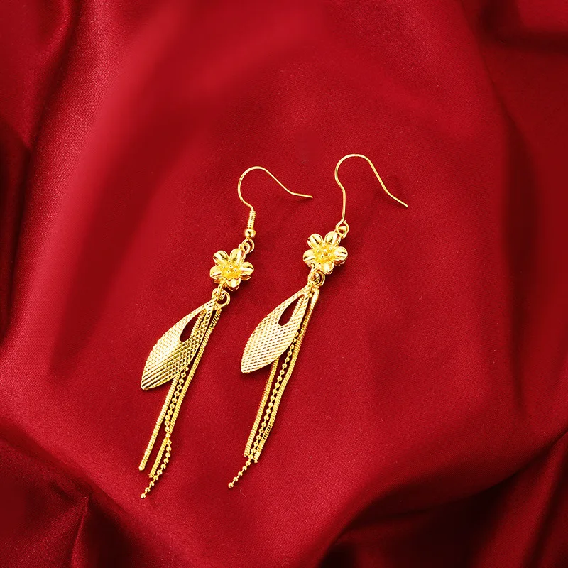 

Boutique AU999 gold earrings Japanese and Korean temperament female earrings long tassel earrings 24K pure gold leaf earrings