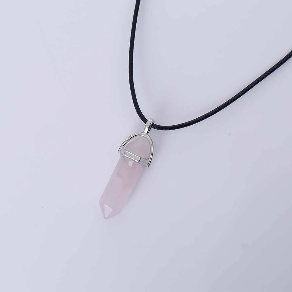 Hexagonal Column Quartz Necklaces turquoises Pink Crystal pendent Necklace For Women Leather Chain Natural Stone Choker Necklace