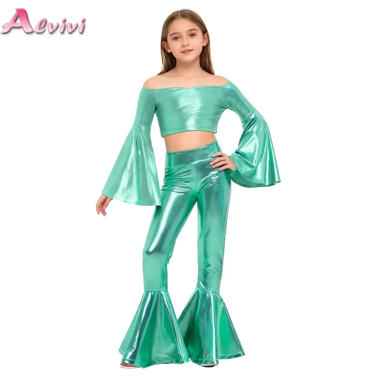 

Kids Girls Flared Sleeve Metallic Crop Top+Bell-bottom Pants Set for Birthday Party Photography Stage Jazz Hip Hop Performance