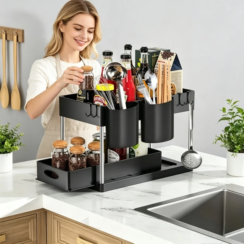 

Sliding Basket Organizer 2 Tier Under Sink Storage Rack with Hooks Hanging Cup Bathroom Kitchen Organizer Black 1PC