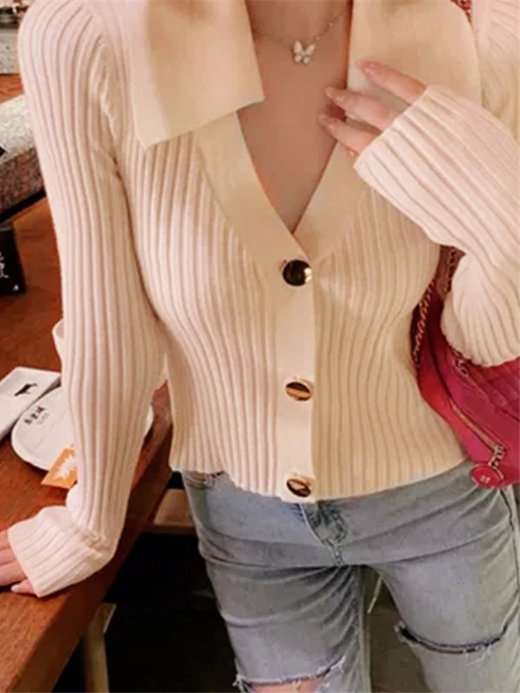 

2025 Spring Fall Buttons Up V Neck Cardigan Women Korean Fashion Slim Knit Sweaters Tops Long Sleeve Cover Up Blouse Streetwear