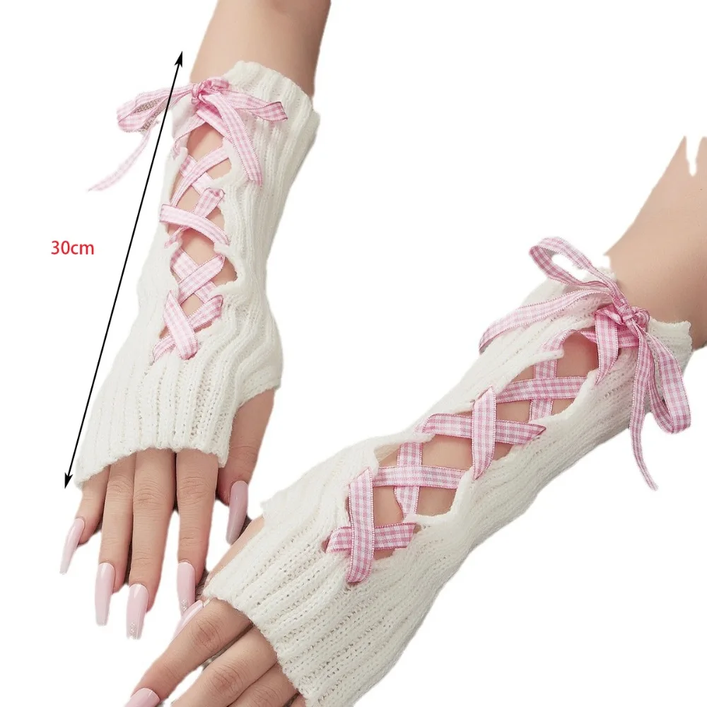 2024 Lolita Bowknot Handschuhe Gothic Strapping Punk Handschuhe gestrickt elastische Sonnenschutz Ärmel Frauen Mädchen