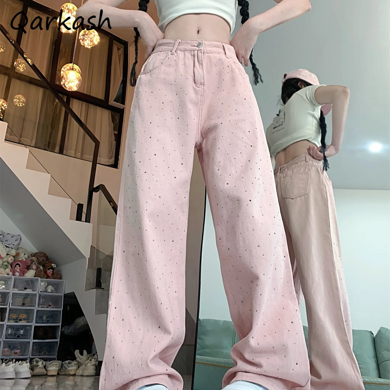 Pink Denim Pants Women American Retro Streetwear Hot Diamond Design Casual Fashion Summer Loose Straight Full Length Slender