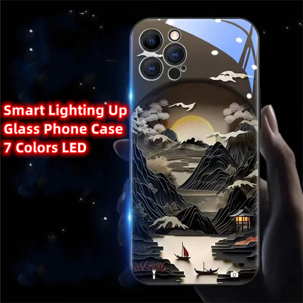 

2024 Landscape Painting LED Light Glow Luminous Phone Case Back Cover For iPhone 15 14 13 12 11 Pro Max XR XS Plus SE2020