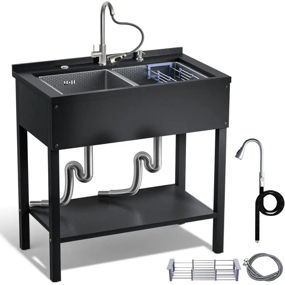 

36" Stainless Steel Utility Sink, 2-Compartment Commercial Sink with Pull-out Faucet, Freestanding Double Bowl Kitchen Sinks for