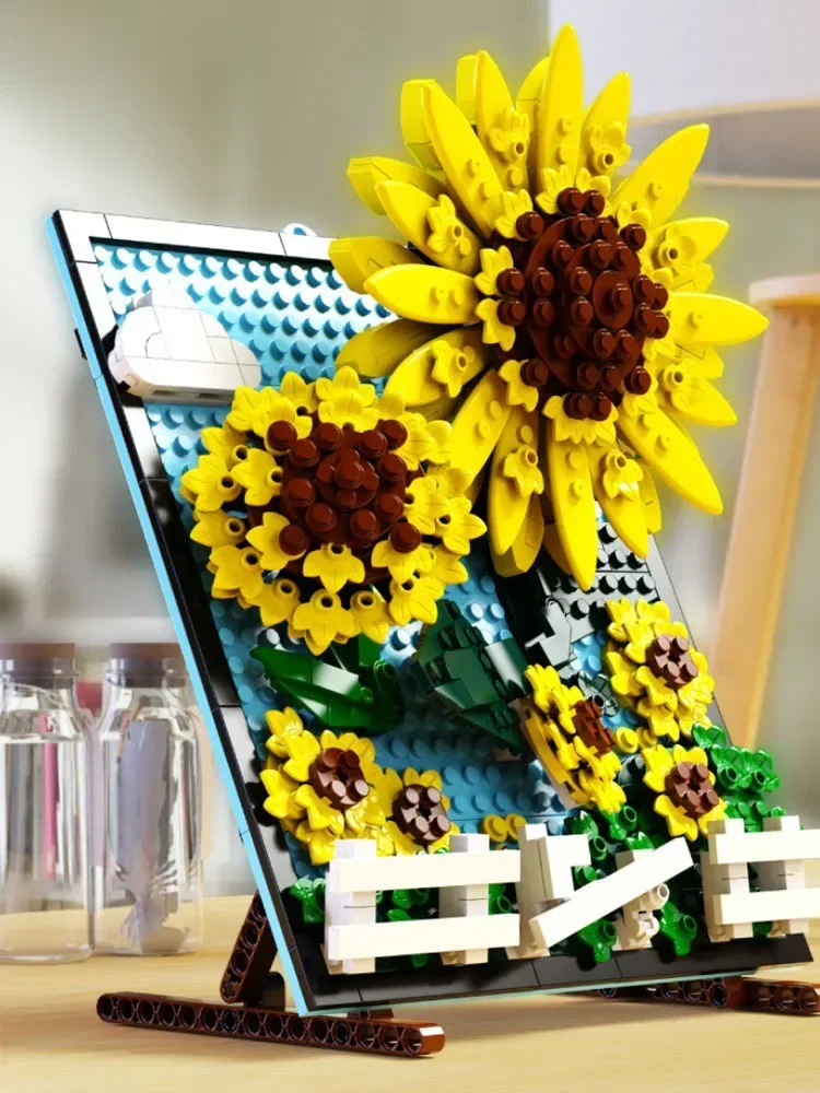1277PCS Sunflower Vase Wall Art Building Bricks Kit Creative Painting Block Model with Artist Figurine Decor Toy Gift for Adults