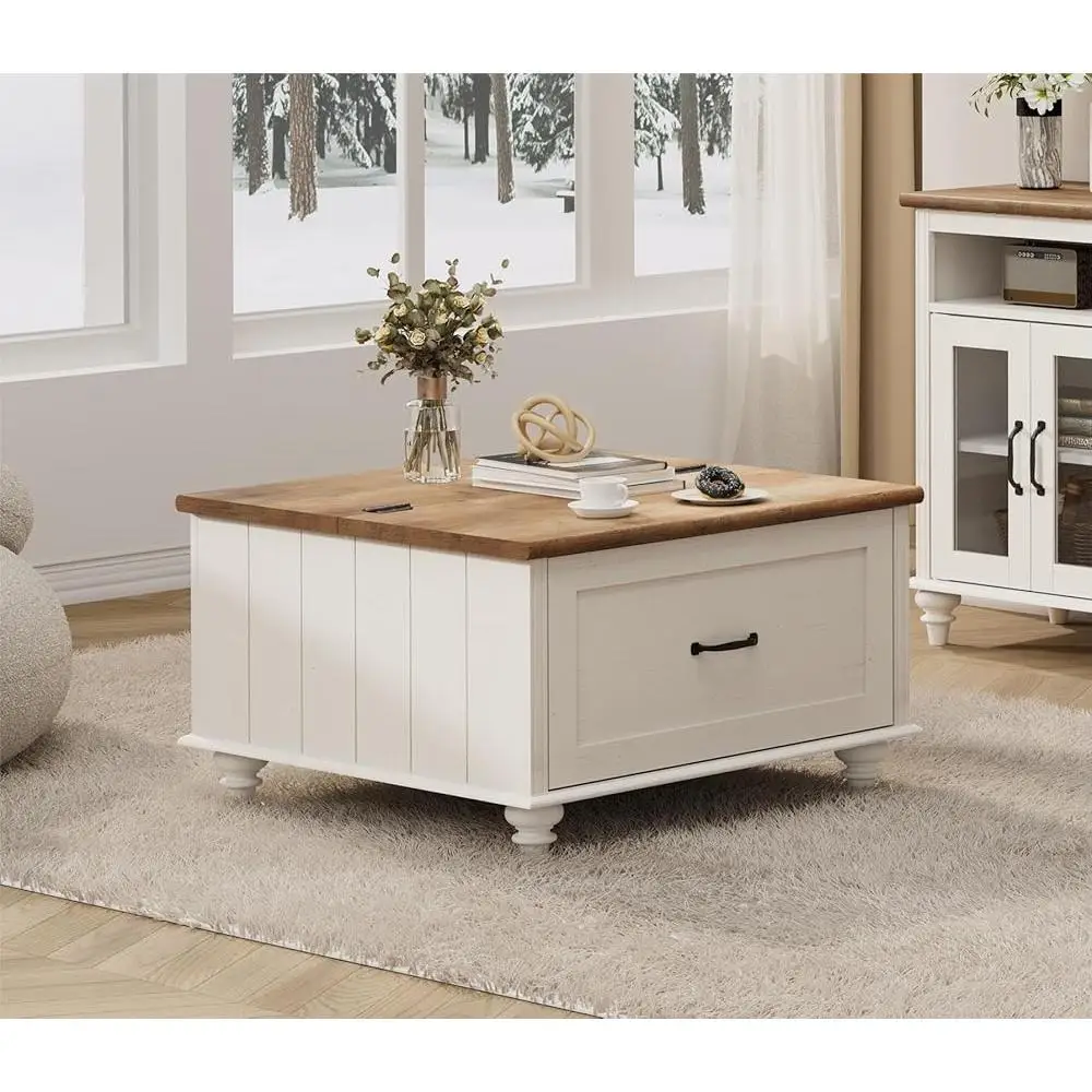 Farmhouse Lift Top Coffee Table with Storage Cabinet Wooden Center Table with Large Drawer Living Room Organization