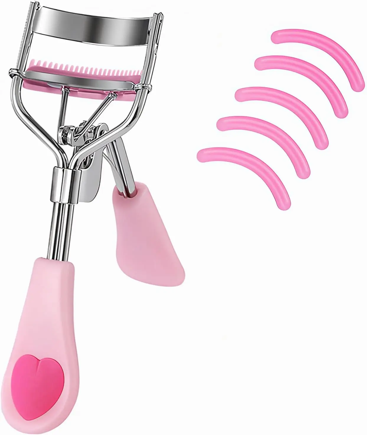Stainless Steel Eyelash Curler with Built-in Comb & 5 Silicone Pads, Pain-Free, Fits All Eye Shapes