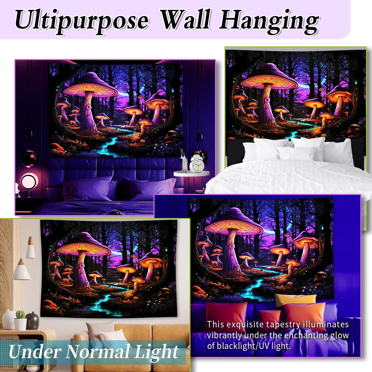 Blacklight Neon mushroom tapestry,on dark background Tapestry Art Wall Hanging for Dorm, Home,Living room Hippie Décor