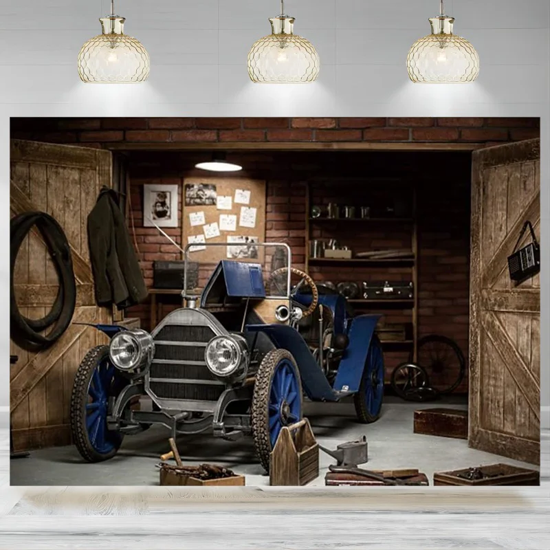 Warehouse Garage Backdrop Vintage Western Wooden Car Repair Background Photography Tools Kids Birthday Party Decoration Banner