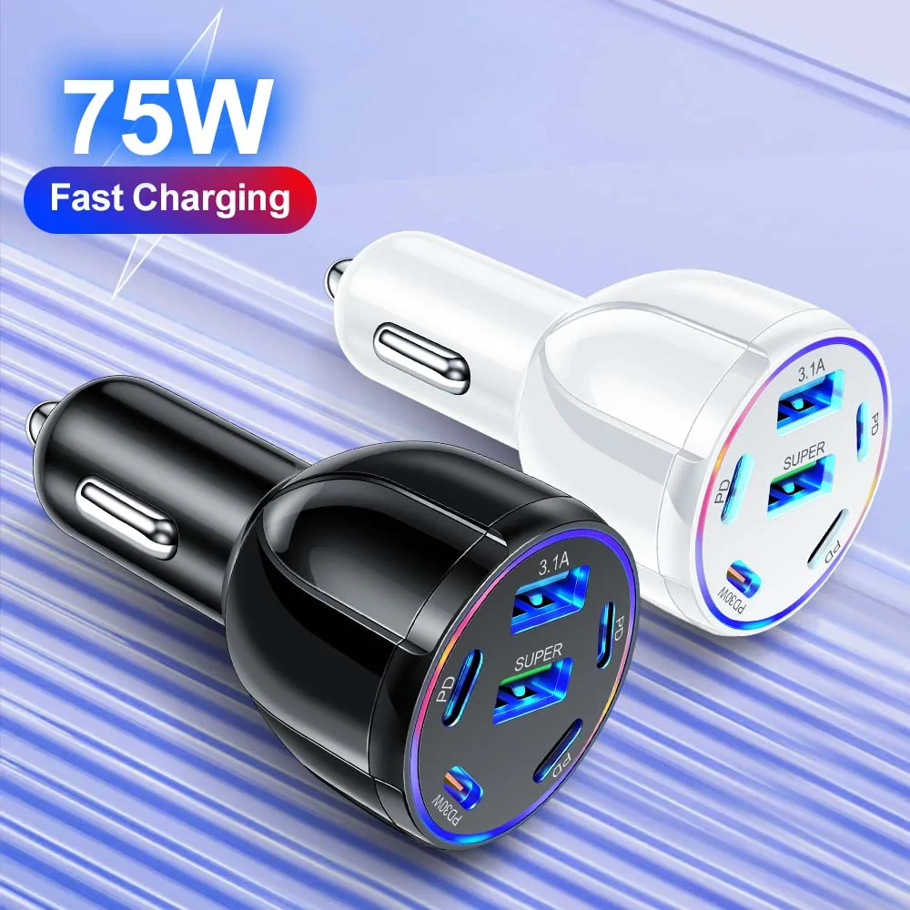 75W 6 in1 Auto Ladegerät 1Port USB Schnelle Lade Auto Telefon Adapter Für iPhone Xiaomi Samsung Huawei Schnell ladegerät Im Auto