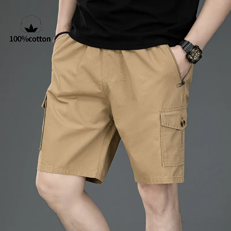 

​​Men's 100% Cotton Cargo Shorts, Summer 3D Tailored Relaxed Fit Casual Workwear with Multi-Pockets,Breathable Elastic Waistband