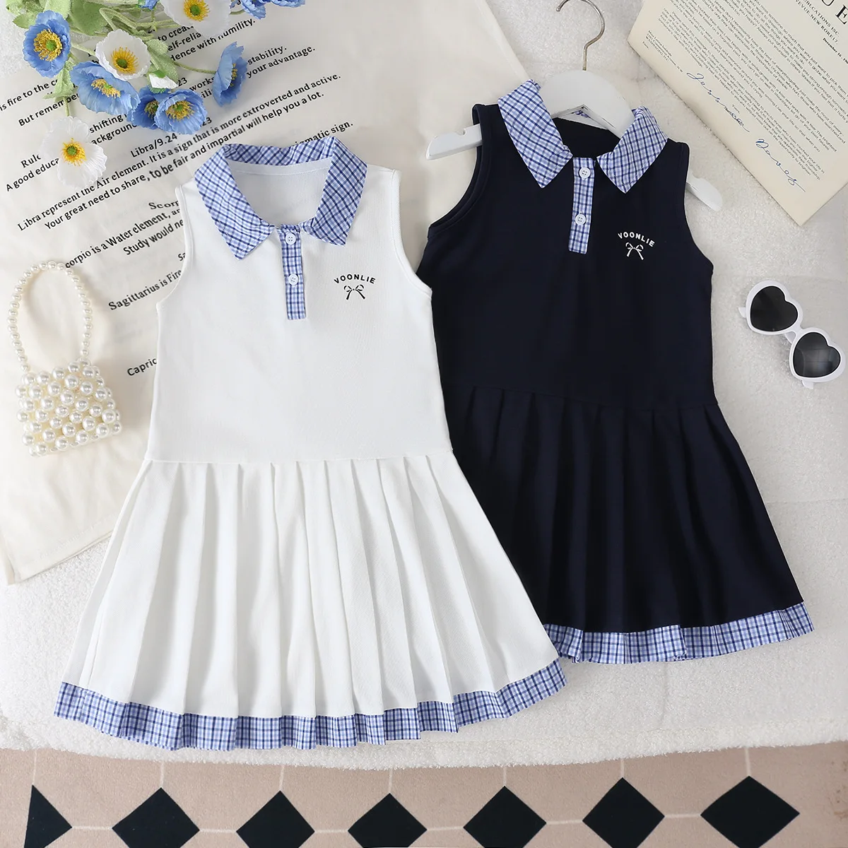 

Платье для девочек, детская летняя одежда 2024, корейская версия, новое платье принцессы, платье в школьном стиле, детское платье-жилет с воротником-поло