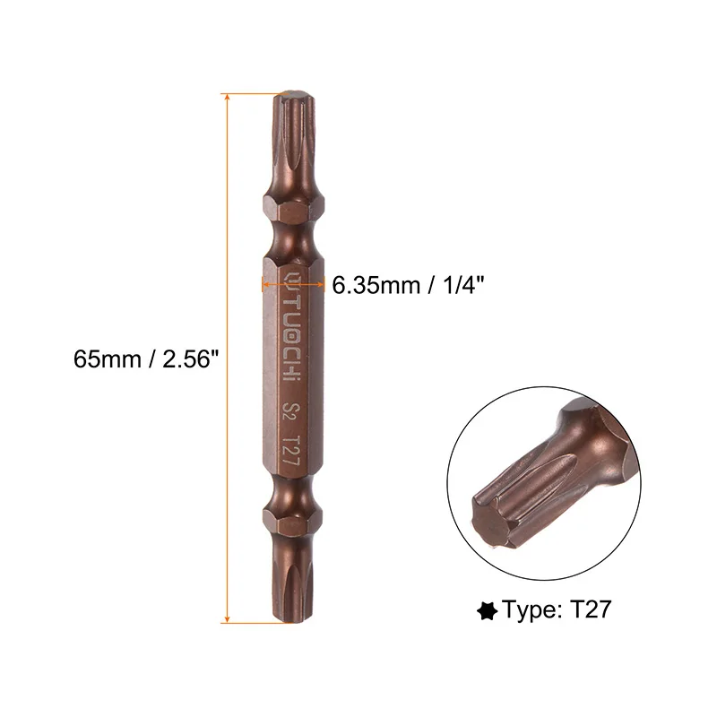 2pcs T10 T15 T20 T25 T27 T30 T40 Double Ended Torx Screwdriver Bit 65mm Precision Magnetic Hex Shank S2 Steel 1/4\