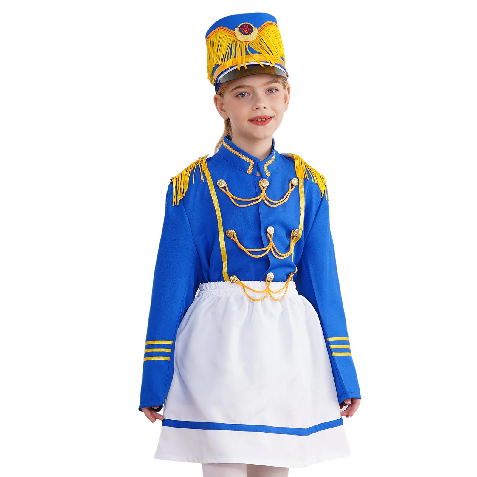 # 140-170 Girls Drum Trumpet Team Honor Guard Costume Major Top with Skirt and Cap Set Kids Uniform Cosplay Performance Outfits