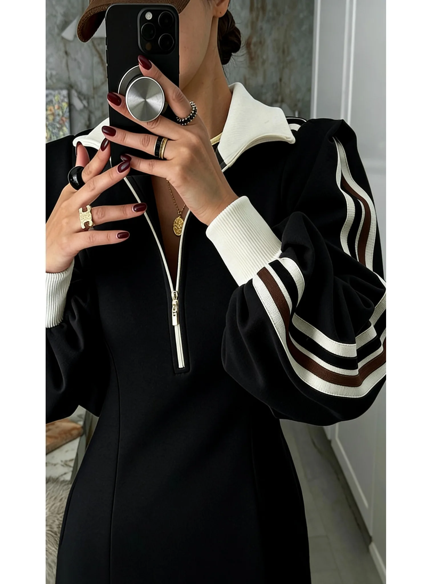 Retro Striped Color Blo Hoodie Dr Women's Winter New f Zipper Wrap Long Skirt Korean Sle Casual Streetwear