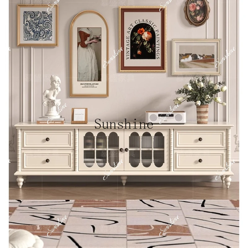 French cream white solid wood TV cabinet floor-to-ceiling living room small apartment light luxury high-end storage  FT