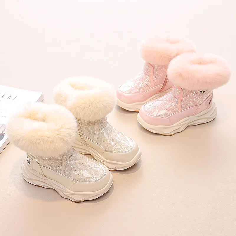 Kids Snow Boots 2023 Winter Toddler Girls Princess Fashion Brand Chelsea Middle Calf Boots Children Warm Fur Waterproof Shoes