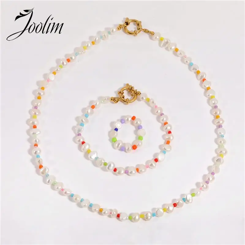 Joolim Jewelry PVD Wholesale Tarnish Free Buckle Boho Colorful Freshwater Pearl Elastic Chain Stainless Steel Necklace for Women