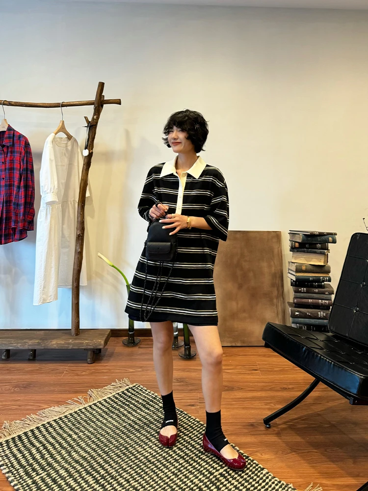 

Стильная длинная полосатая рубашка Dr Buue 25ss, модная, для повседневной носки, свободного кроя, с коротким рукавом, из смесового хлопка и полиэстера