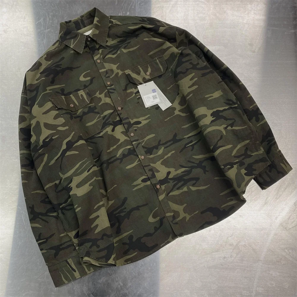 Undermycar High Street Trendy Brand High Quality Extra Large Washed and Worn Dark Checker Patch Camo Shirt