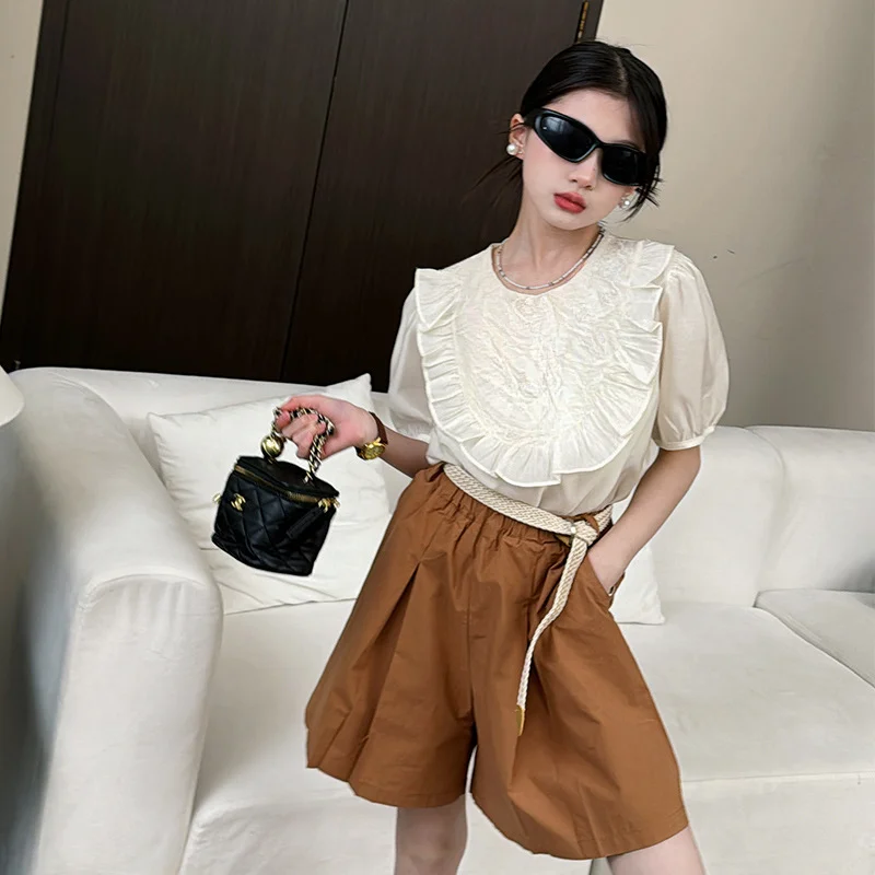 Girls Suits Summer Children Plate Buckle Chinese Style Two-piece Set 2024 Short-sleeved Shorts Foreign Style Simple Casual