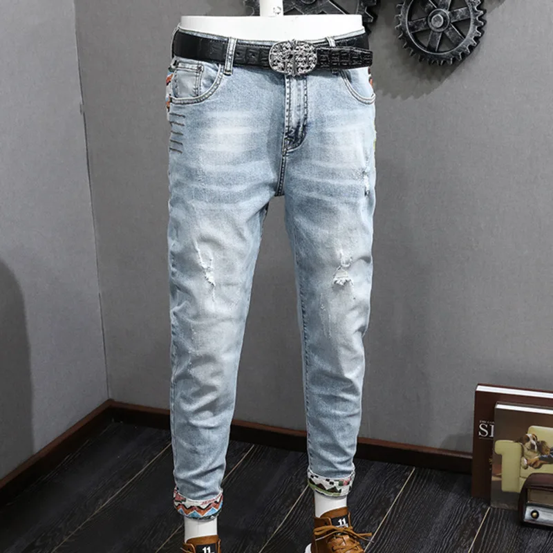 

Trendy Hole Torn Patchwork Jeans Men Slim Fit 2023 Autumn Straight Ripped Stretch Denim Jeans Pants Tight Ankle Masculina Jeans