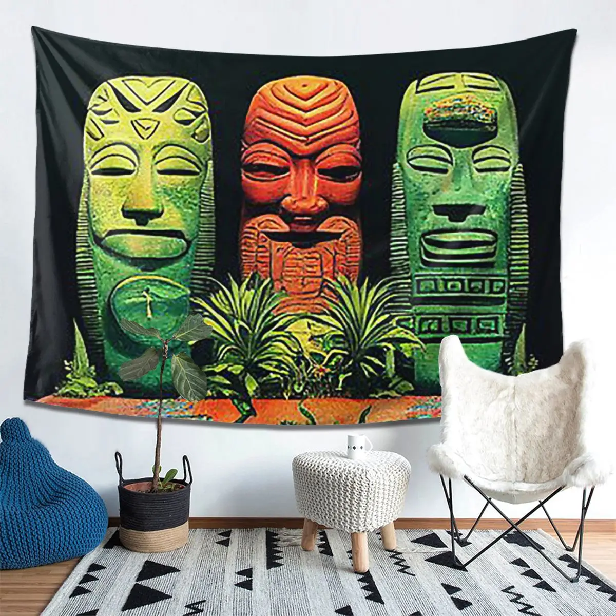 

Garden Of Tikis Tiki Mask Tapestry Decor Art Aesthetic Tapestries for Living Room Bedroom Home Wall Cloth Wall Hanging