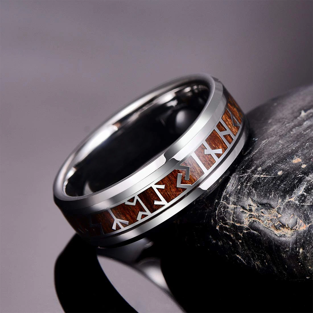 Classic 8mm Men's Stainless Steel Nordic Viking Rune Ring Inlaid Acacia Wood Ring Men Women Wedding Ring Jewelry Gifts Wholesale