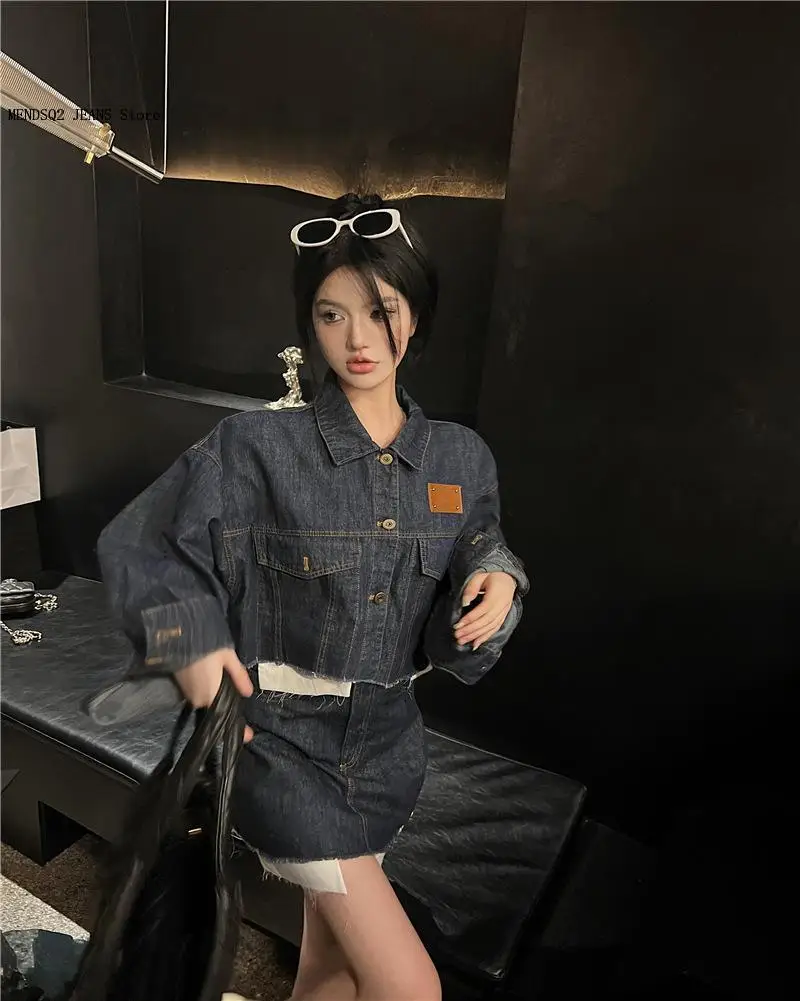 Spring/summer Retro Street Style High Waist A-Line Short Skirt Denim Short Jacket Casual Two Piece Set