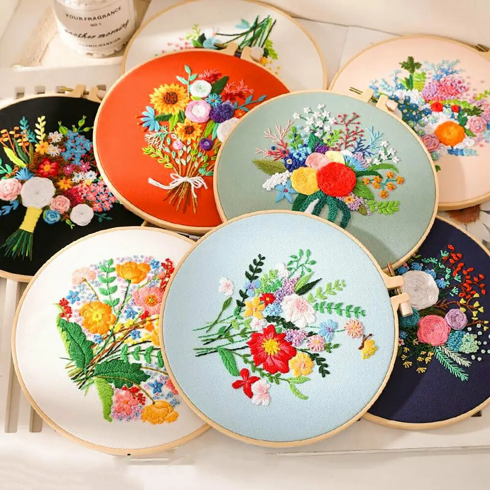 Flowers Plant Stamped Embroidery Kits Beginners DIY Cross Stitch Set Instructions Punch Needlework Handmade Starter Sewing Craft