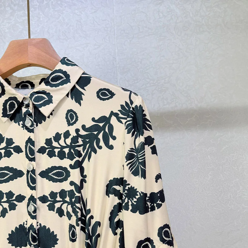

Prom Dress Ethnic Vacation Style Dress Plant Printed Lapel Short-sleeved Long Shirt Style Early Spring Women's Clothing 2025 New