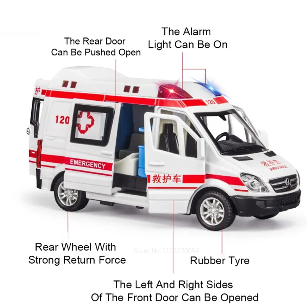 1/32 Polizei-Krankenwagen-Modellauto, Spielzeug, Legierung, Druckguss-Fahrzeug, 5-türig geöffnet, Gummireifen, Ton, Licht, Zurückziehen, Geburtstagsgeschenk für Kinder